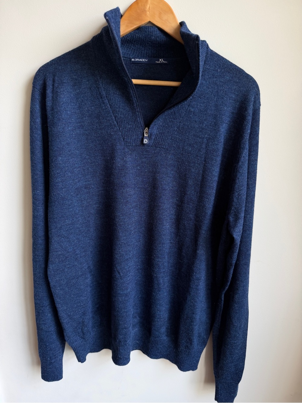 B Draddy 100% Baby Alpaca Quarter Zip Pullover Sweater Mock Neck Navy Mens XL